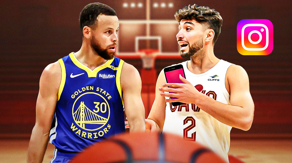 Warriors superstar Stephen Curry next to Cavs guard Ty Jerome with a phone in his hand next to the Instagram logo