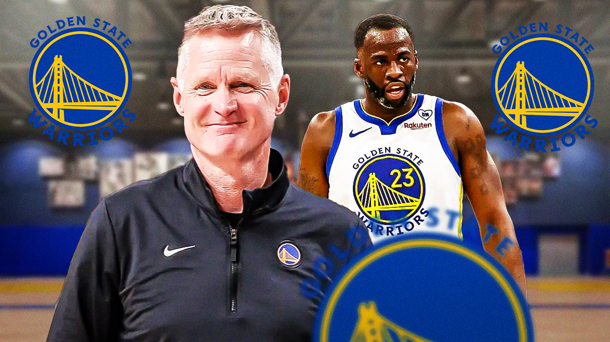 Warriors head coach Steve Kerr next to Warriors forward Draymond Green & an NBA official with the Warriors logo in the background