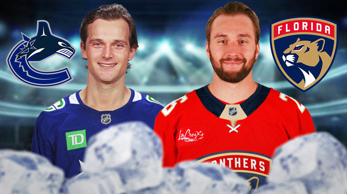 Teddy Blueger and Uvis Balinskis both in image looking happy, Vancouver Canucks and Florida Panthers logo, hockey rink in background