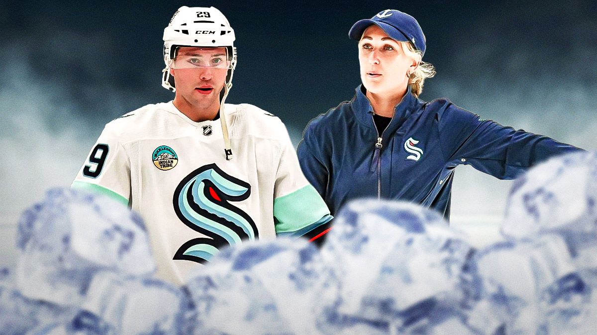 Seattle Kraken player Vince Dunn next to Kraken coach Jessica Campbell
