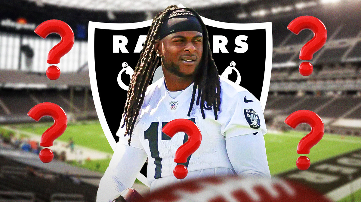 Las Vegas Raiders WR Davante Adams surrounded by question mark emojis. There is also a logo for the Las Vegas Raiders.