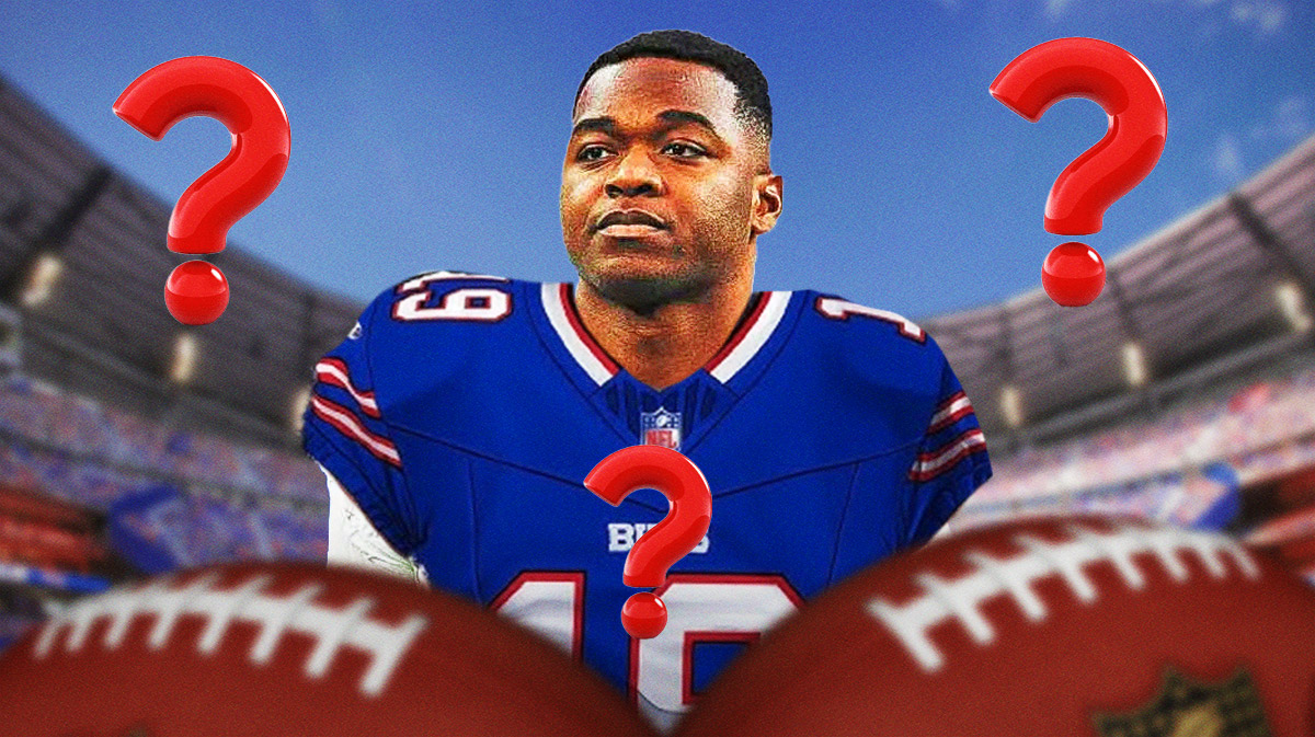 Bills Amari Cooper with question marks everywhere in front of Highmark Stadium.
