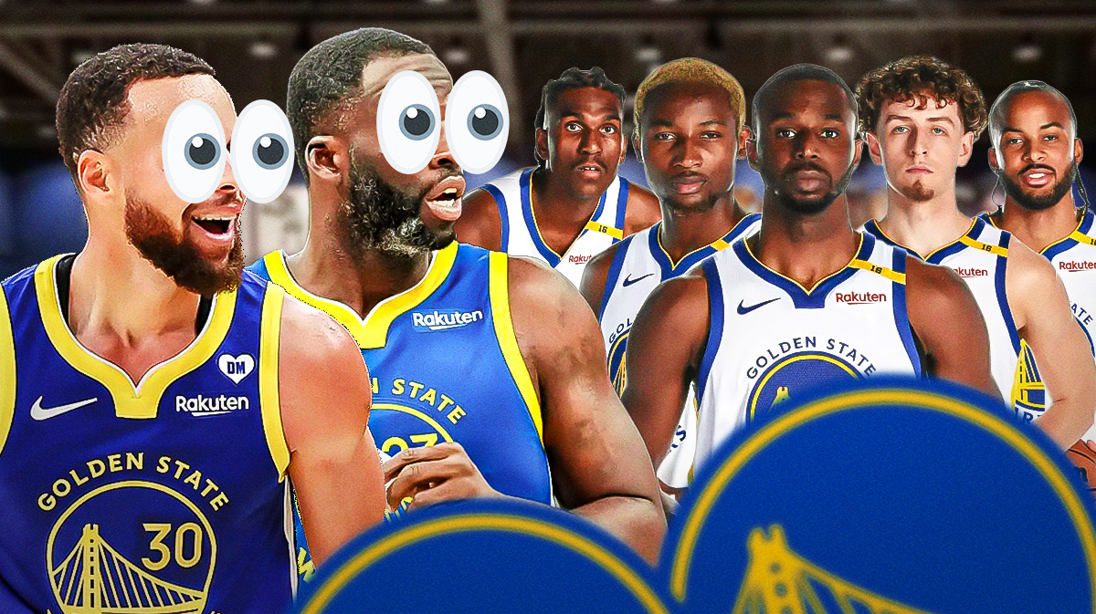 Warriors stars Stephen Curry, Draymond Green looking at Andrew Wiggins, Jonathan Kuminga, Moses Moody, Brandin Podziemski, Kevon Looney