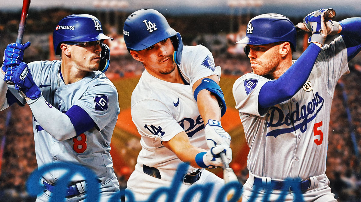 Dodgers Tommy Edman, Dodgers Enrique Hernandez, Dodgers Freddie Freeman all in image swinging baseball bats.