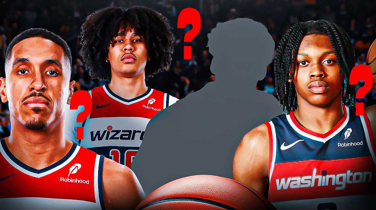 Wizards Malcolm Brogdon, Kyshawn George, and Carlton Carrington with question marks around them and a silhouette of Jordan Poole