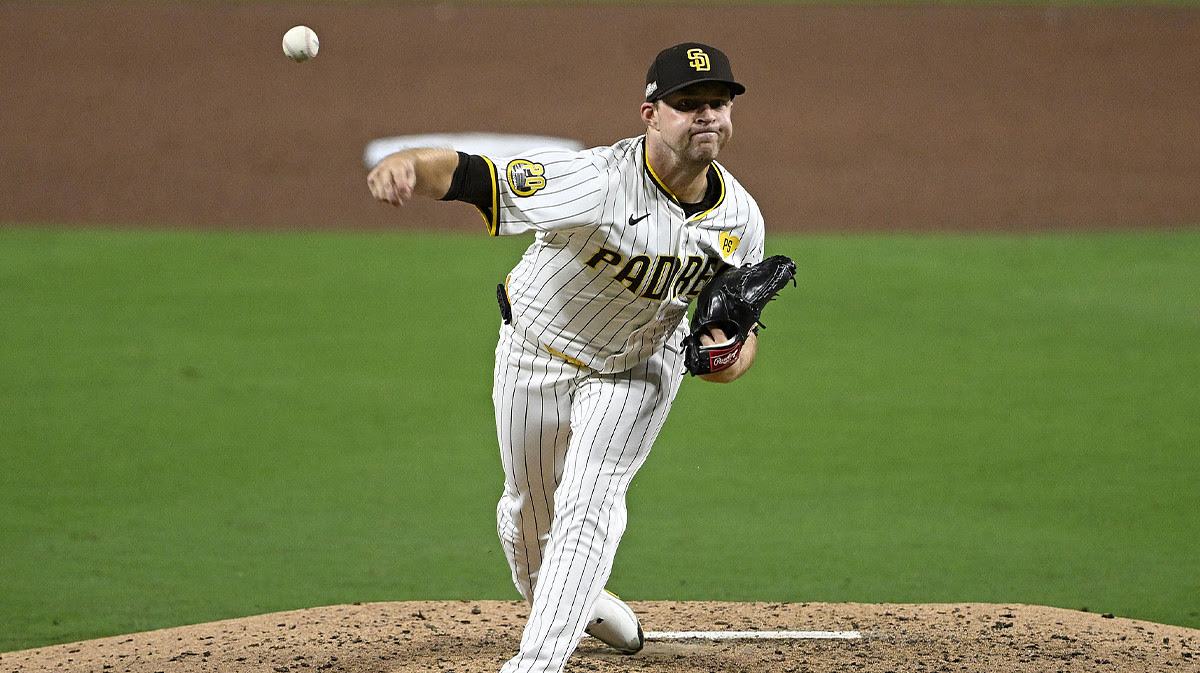 San Diego Padres pitcher Michael King (34) throws a pitch against the Atlanta Braves during the fifth inning in game one of the Wildcard round for the 2024 MLB Playoffs at Petco Park.