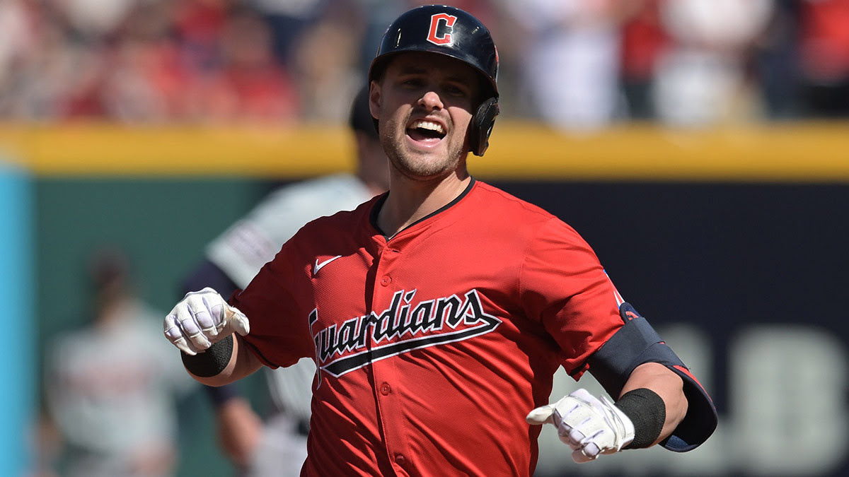 Cleveland Guardians outfielder Lane Thomas (8) reacts after hitting a three-run home run against the Detroit Tigers in the first inning in game one of the ALDS for the 2024 MLB Playoffs at Progressive Field.