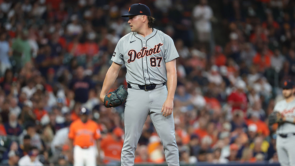 Detroit Tigers pitcher Tyler Holton (87) looks in for the sign before throwing against the Houston Astros during the first inning of game two of the Wildcard round for the 2024 MLB Playoffs at Minute Maid Park.