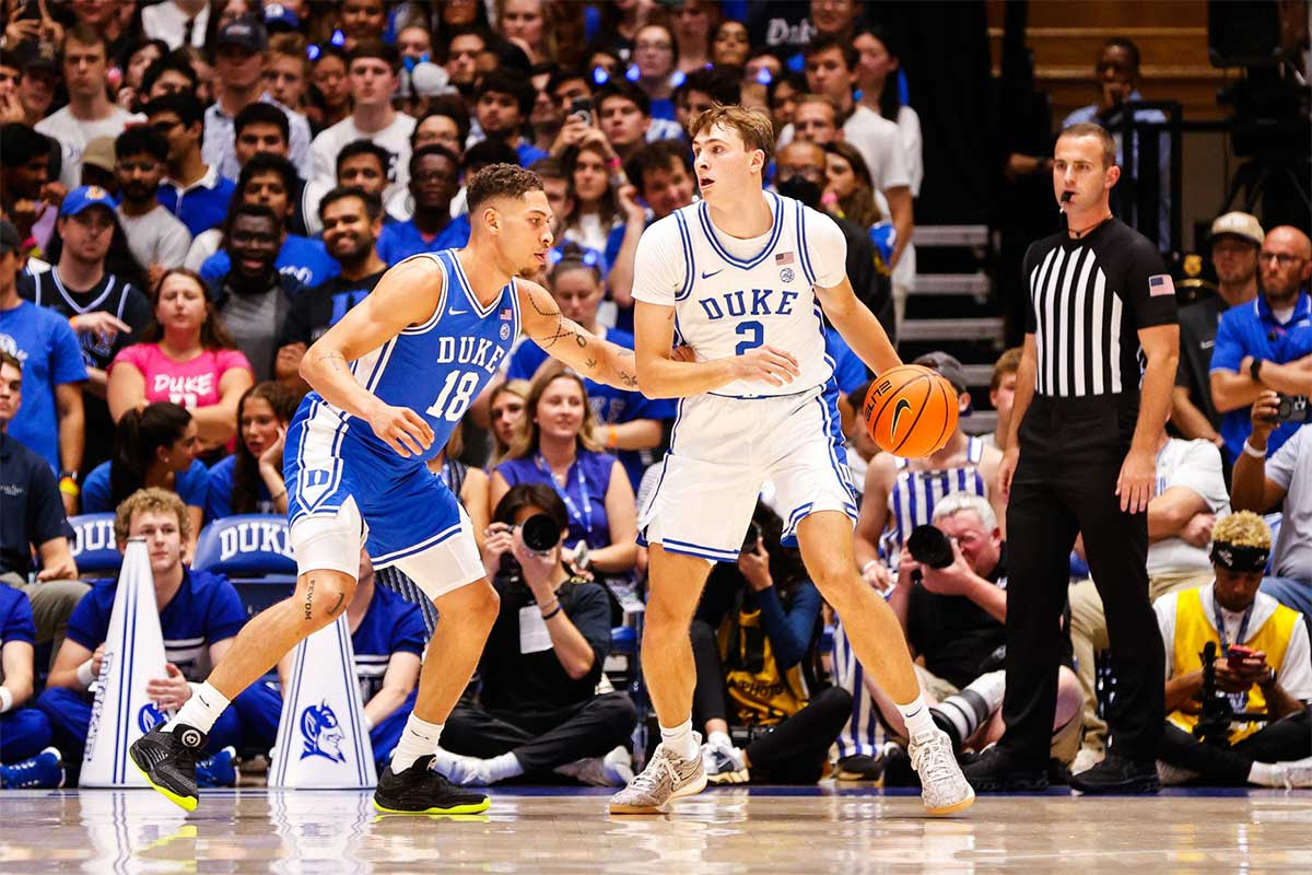 Duke Blue Devils guard Cooper Flagg (2) dribbles the ball against forward Mason Gillis (18) with the ball during Countdown to Craziness at Cameron Indoor Stadium.