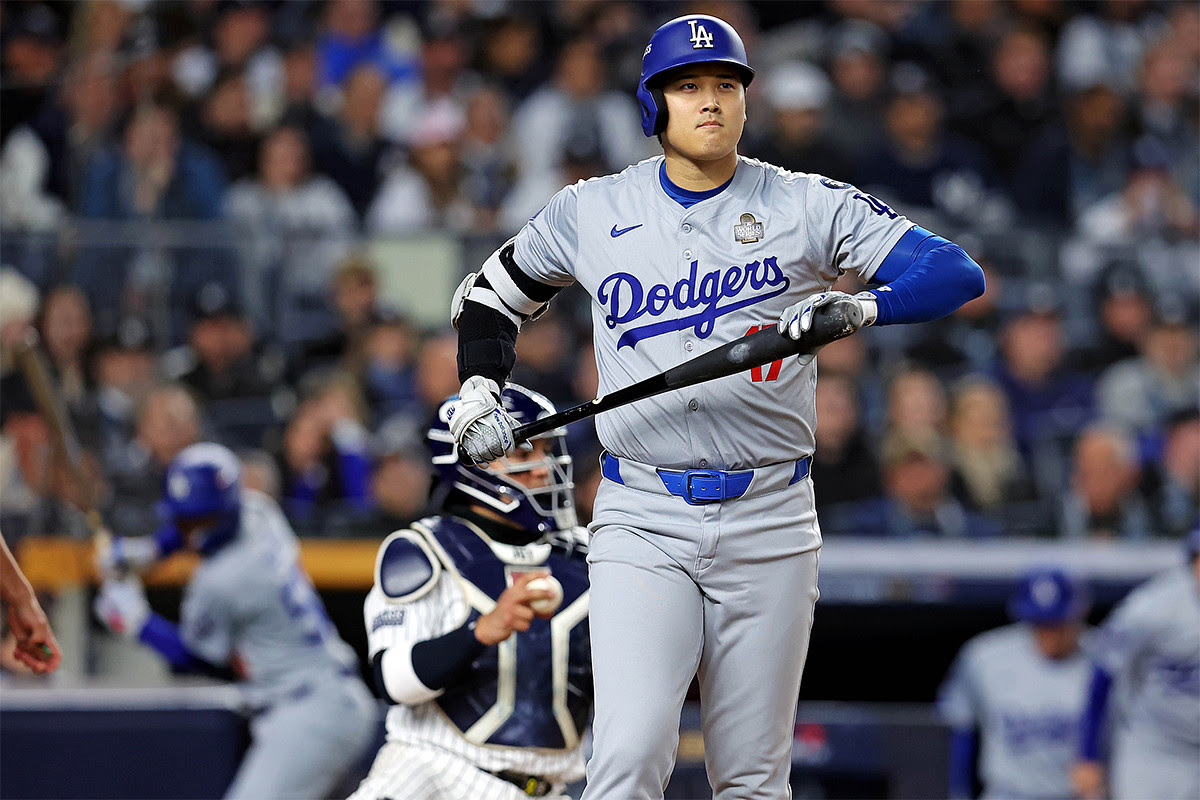 Los Angeles Dodgers two-way player Shohei Ohtani (17) walks during the first inning against the New York Yankees in game three of the 2024 MLB World Series at Yankee Stadium.