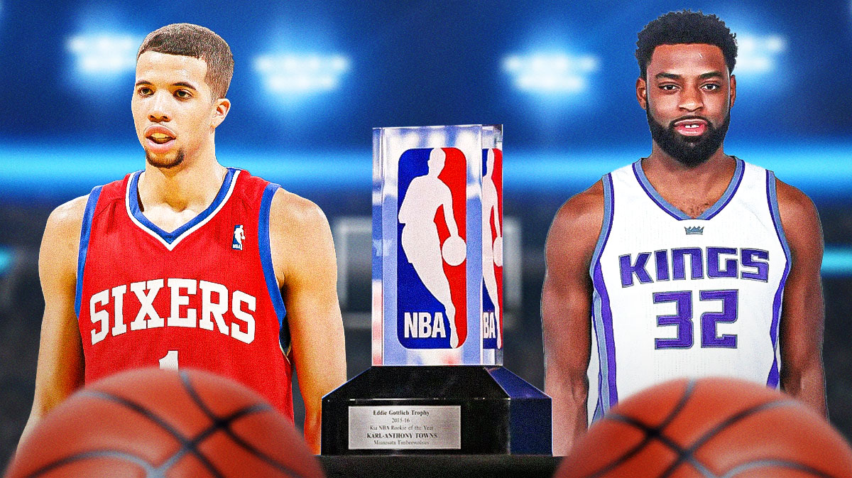 Michael Carter-Williams playing for the 76ers and Tyreke Evans playing for the Kings with a Rookie of the Year trophy between them.