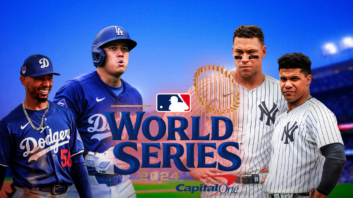 Aaron Judge and Juan Soto (Yankees) on one side, Shohei Ohtani and Mookie Betts (Dodgres) on the other. World Series logo