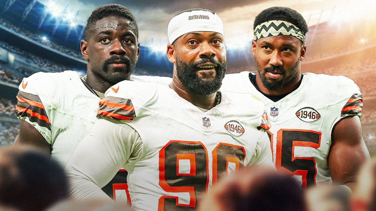 Jeremiah Owusu-Koramoah, Za’Darius Smith, and Myles Garrett in front of the Browns stadium