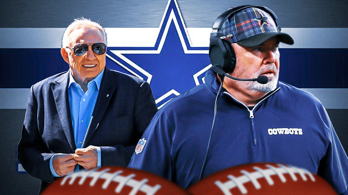 Mike McCarthy on the right, Jerry Jones on the left and Cowboys logo in the middle