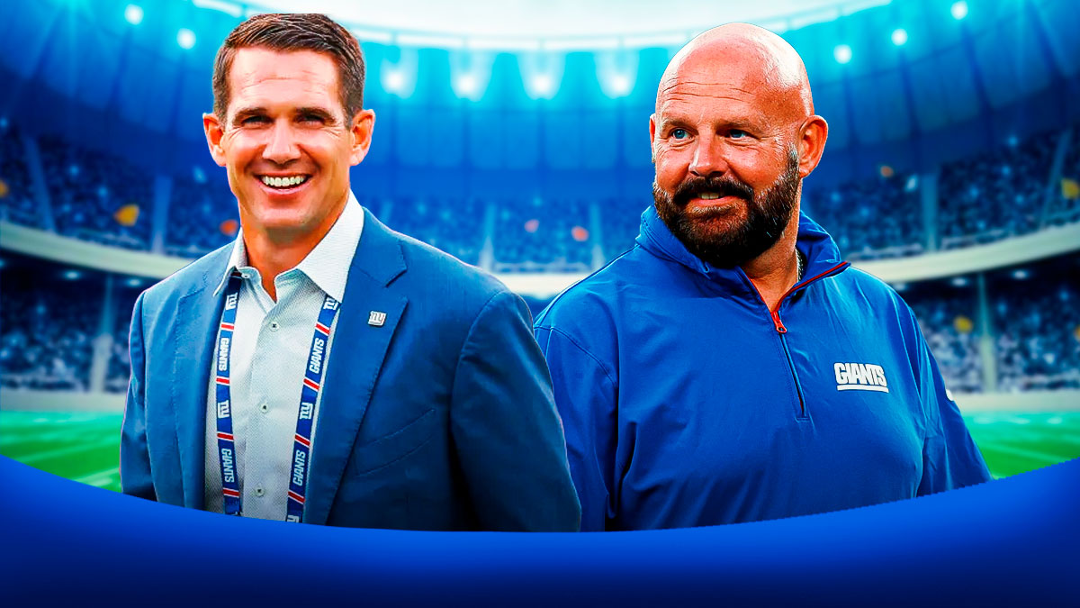 Giants Joe Schoen and Giants Brian Daboll with New York Giants logo