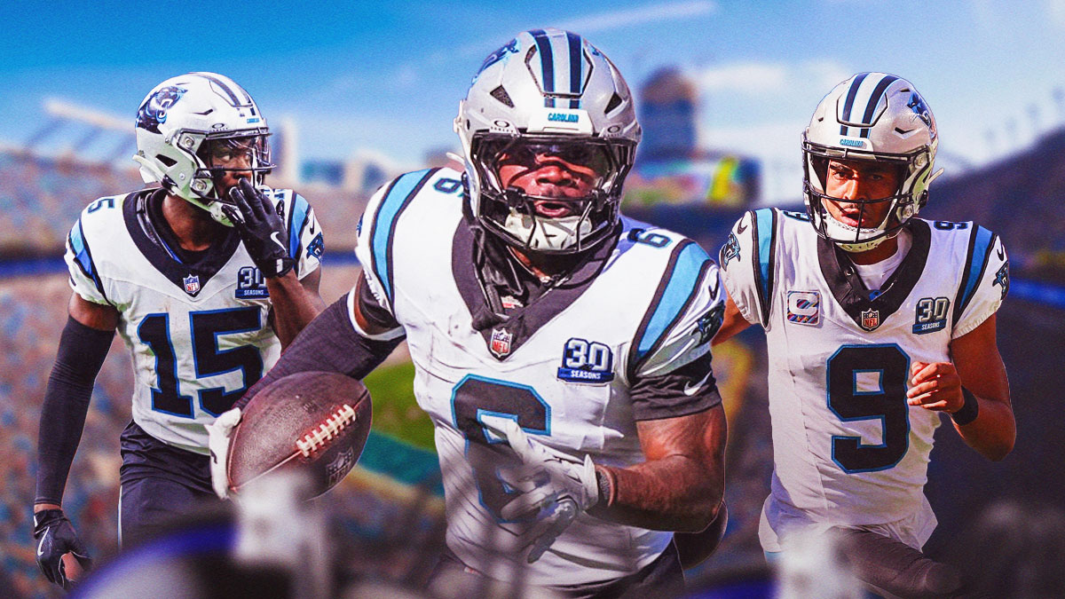 Jonathan Mingo, Miles Sanders, and Bryce Young in front of the Panthers stadium