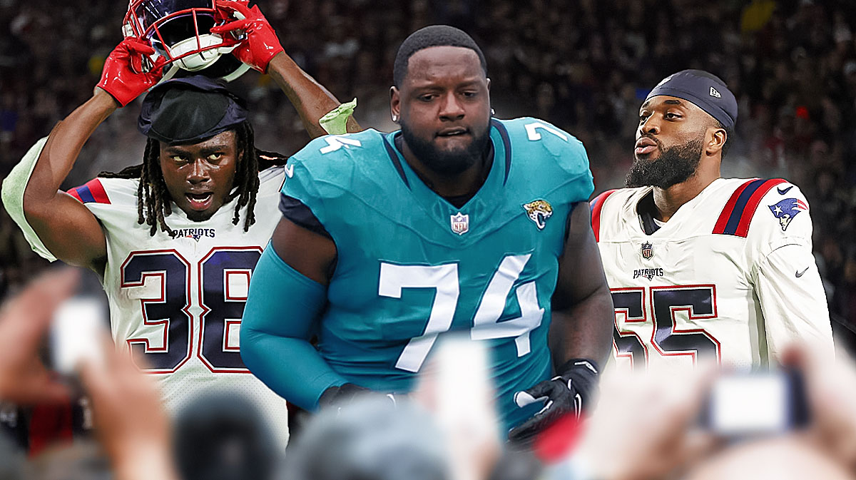 Cam Robinson, Rhamodre Stevenson, and Josh Uche in front of the Patriots Stadium