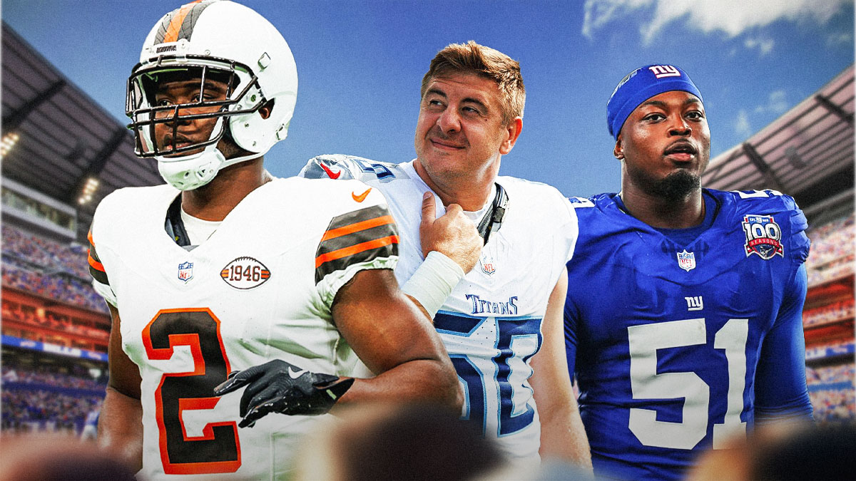 Amari Cooper, Daniel Brunskill, and Azeez Ojulari in front of the Bills stadium