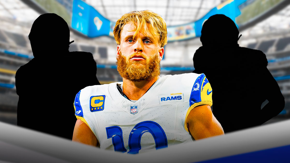 Cooper Kupp in the middle, the blacked-out silhouette of Diontae Johnson on the left and the blacked-out silhouette of Christian Kirk on the right on a football field.