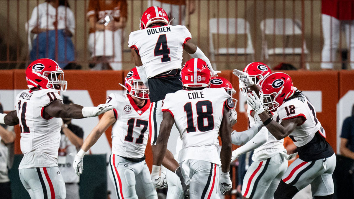 Georgia celebrate a touchdown in the first quarter of the Longhorns' game against the Georgia Bulldogs at Darrell K. Royal Texas Memorial Stadium in Austin, Oct. 19, 2024.
