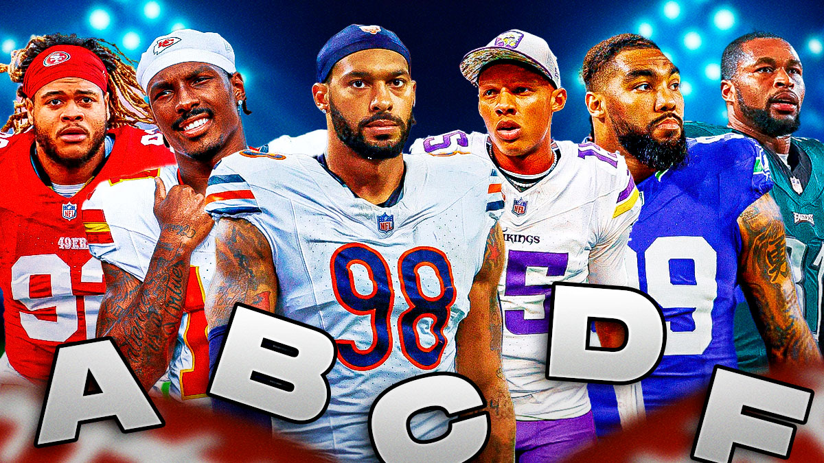 Montez Sweat (Bears), Mecole Hardman (Chiefs), Chase Young (49ers), Josh Dobbs (Vikings), Kevin Byard (Eagles), Leonard Williams (Seahawks). A, B, C, D, F letter grades all around the graphic.