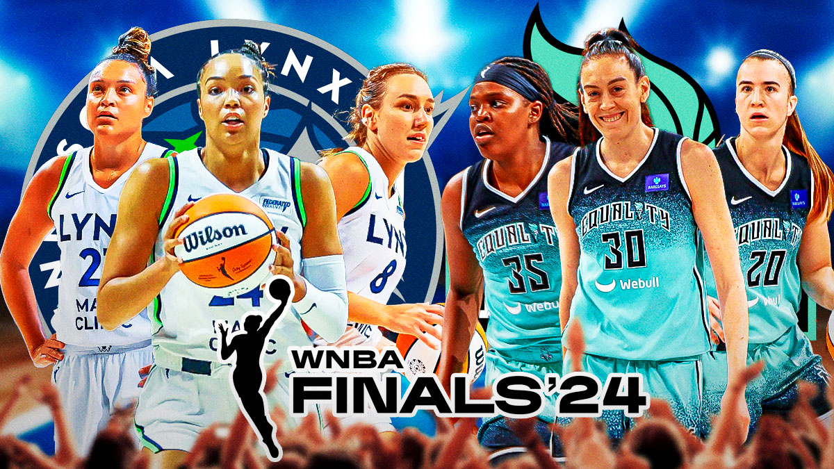 Napheesa Collier, Alaana Smith, Kayla McBride, Lynx logo on one side. Other side is Breanna Stewart, Sabrina Ionescu, Jonquel Jones, Liberty logo. WNBA Finals logo front and center.