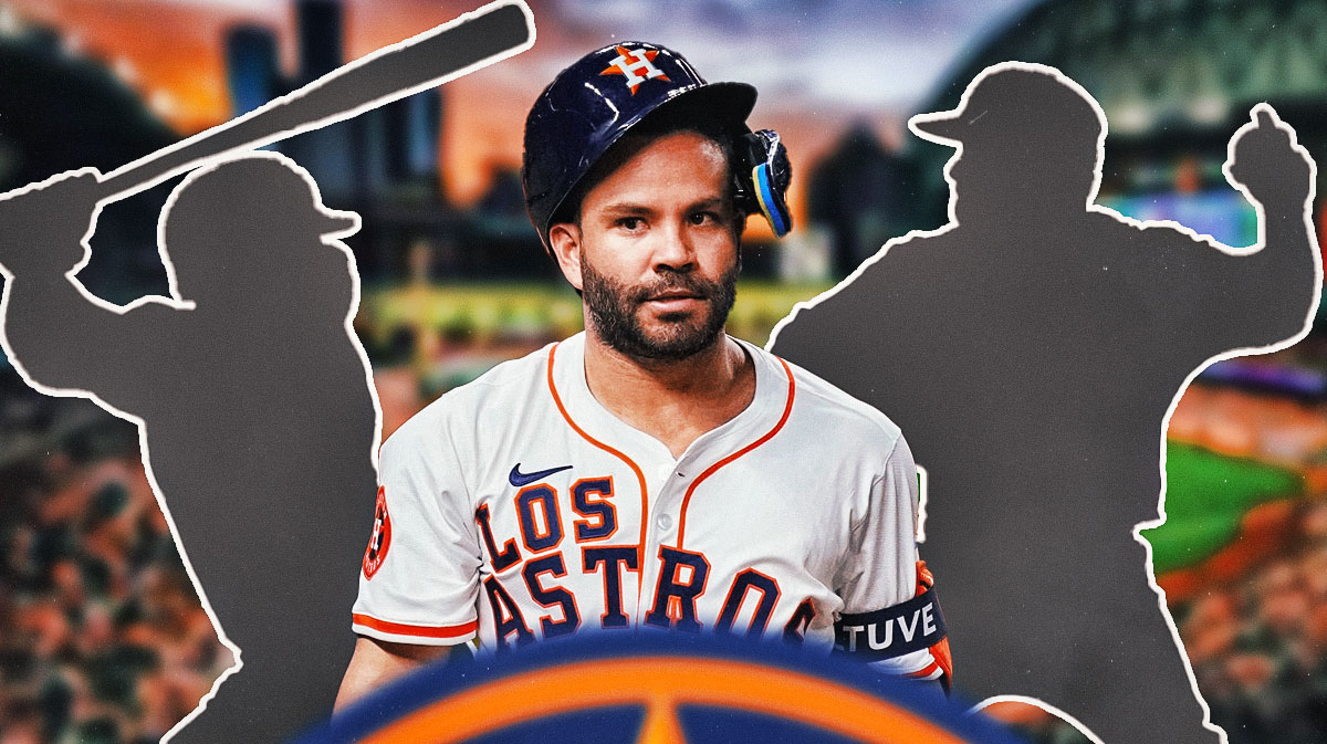 Jose Altuve in the middle, a silhouette of a baseball hitter on one side, a silhouette of a baseball pitcher on the other side. Jeremy Pena