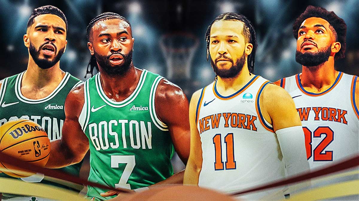 Jayson Tatum and Jaylen Brown looking hyped/smiling next to a sad Jalen Brunson and Karl Anthony Towns in Knicks jerseys.