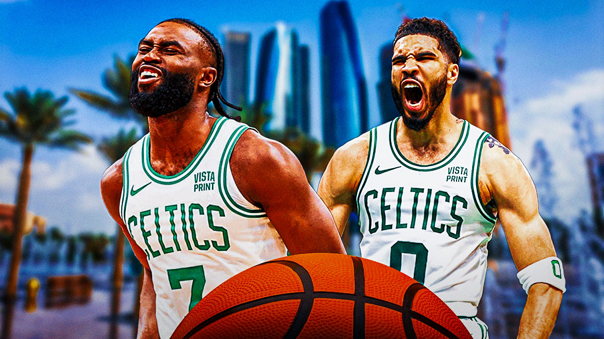 Celtics' Jaylen Brown and Jayson Tatum looking hyped on an Abu Dhabi city background