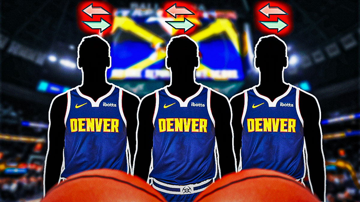 Photo: Silhouette of three Nuggets players, TRADE sign above them, Ball Arena as background