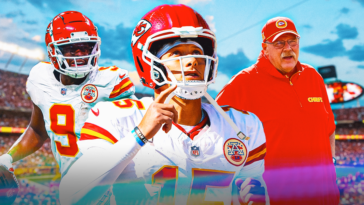 Chiefs Juju-Smith-Schuster, Patrick Mahomes and Andy Reid with a backdrop of Arrowhead Stadium