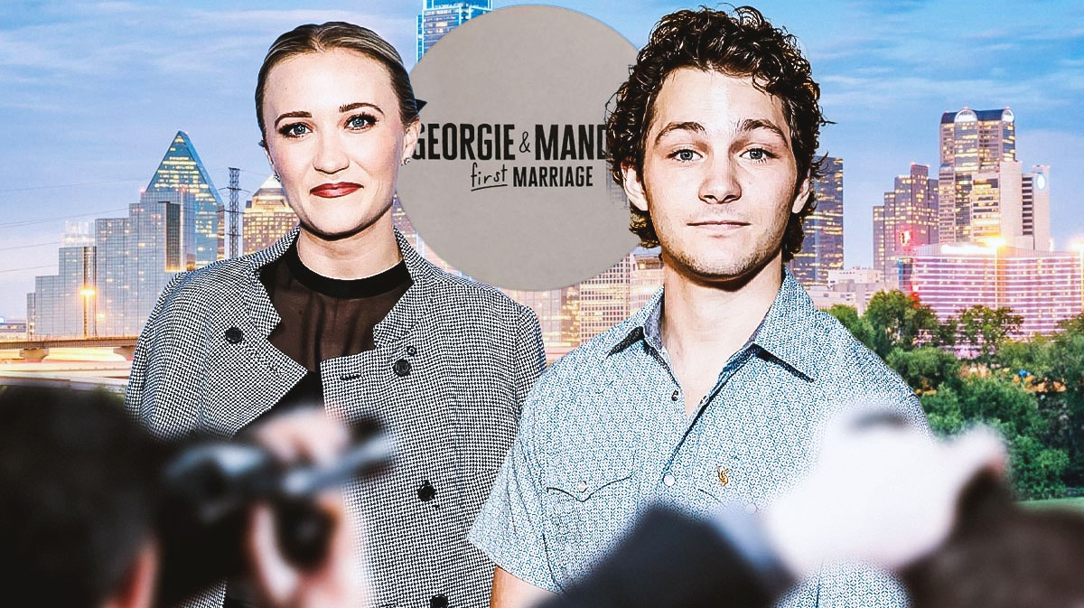 Emily Osment and Montana Jordan, stars of the Young Sheldon spin-off, with Georgie and Mandy's First Marriage logo.