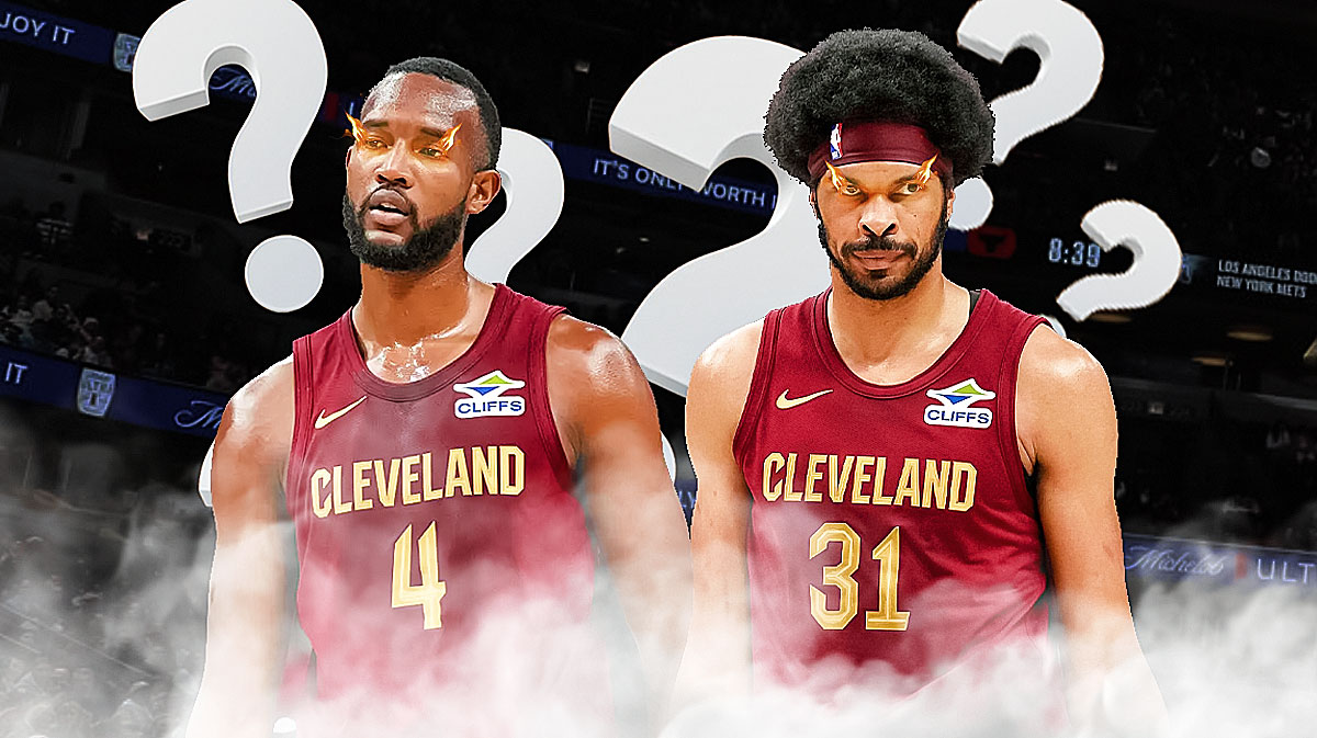 Evan Mobley, Jarrett Allen with fire in their eyes surrounded by question marks