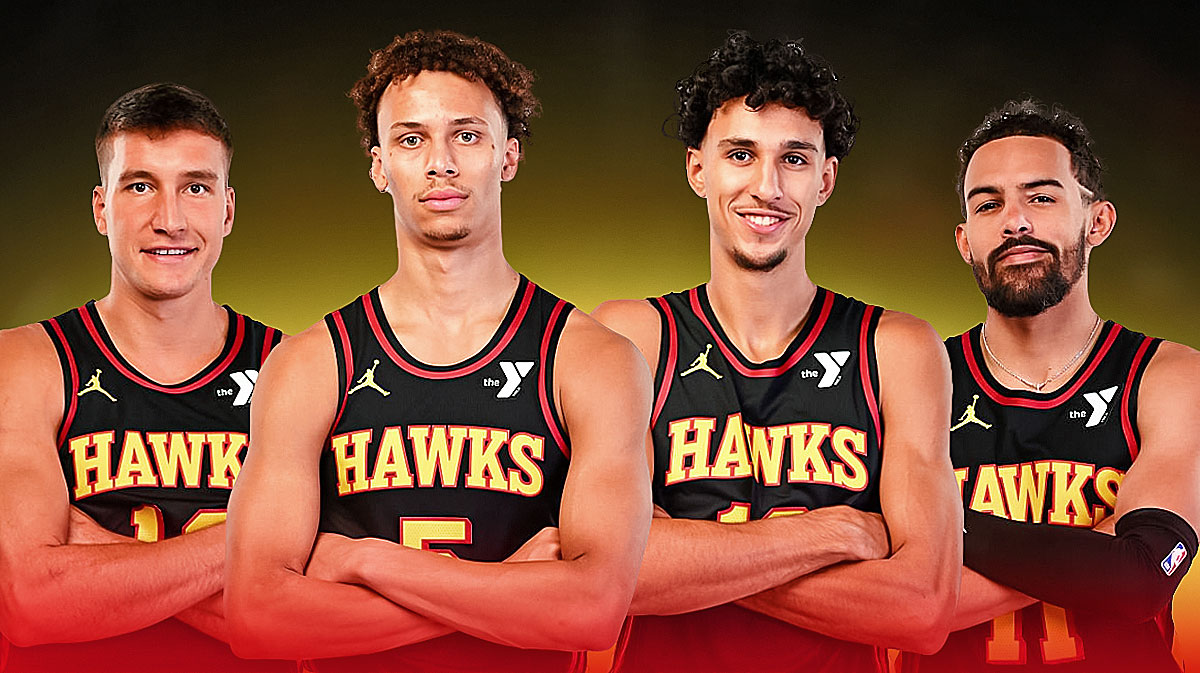 Trae Young on one side. Bogdan Bogdanovic, Zaccharie Risacher, and Dyson Daniels grouped together on the other side.