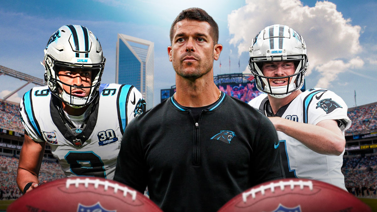 Bryce Young, Dave Canalas, and Andy Dalton in front of the Panthers stadium