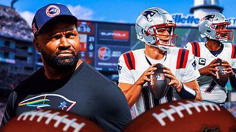 Patriots coach Jerod Mayo looking at Drake Maye and Jacoby Brissett