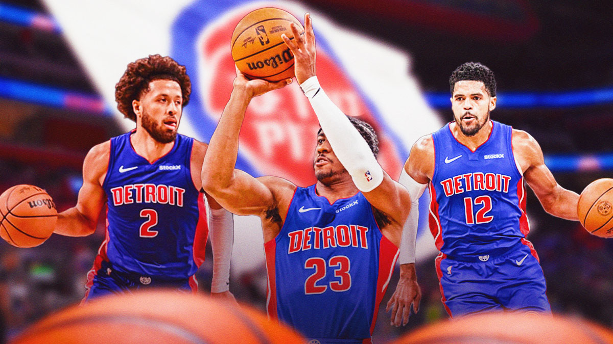 Photo: Jaden Ivey shooting, Cade Cunningham in action, Tobias Harris in action, all in Pistons jerseys