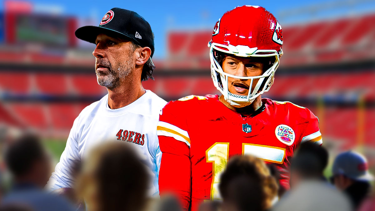 Kyle Shanahan next to Patrick Mahomes in front of the 49ers stadium