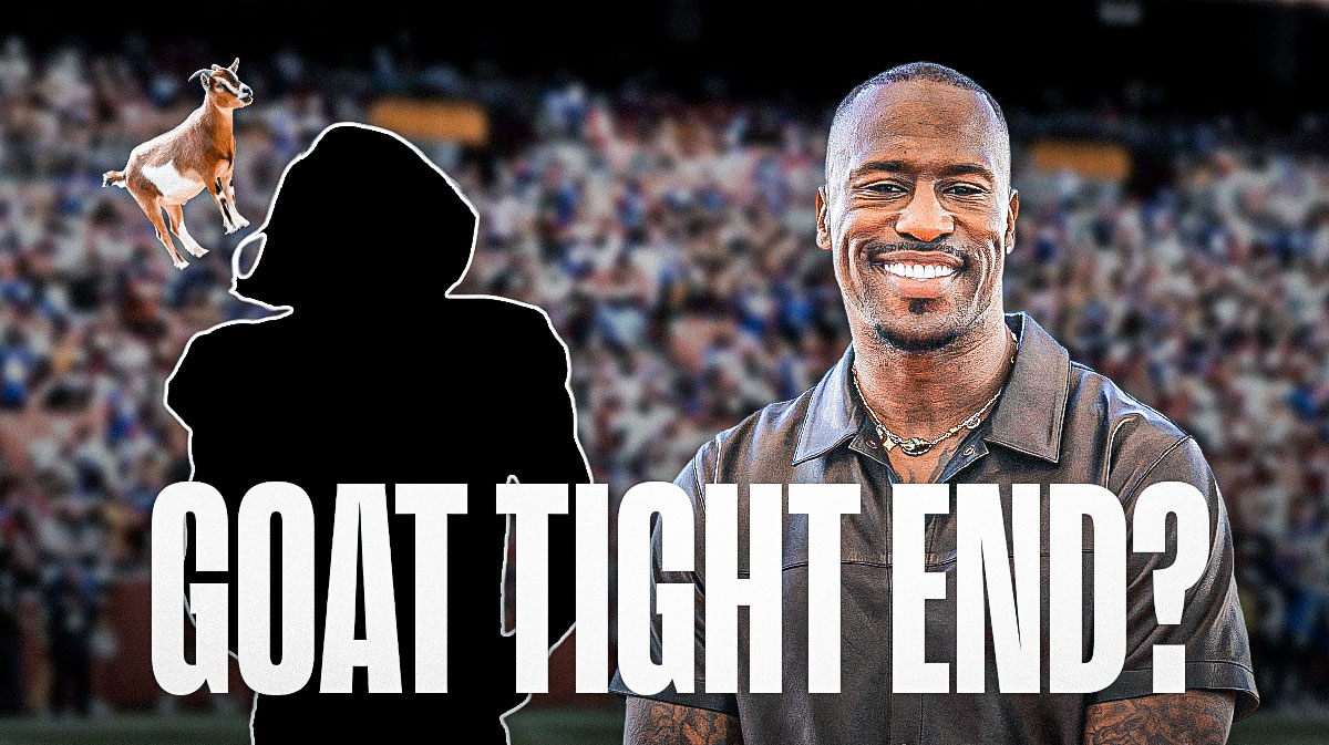 Vernon Davis next to a blacked out NFL player silhouette with a goat head next to a sign that says GOAT TIGHT END?