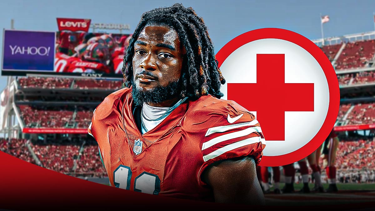 49ers star wideout Brandon Aiyuk with a red medical logo