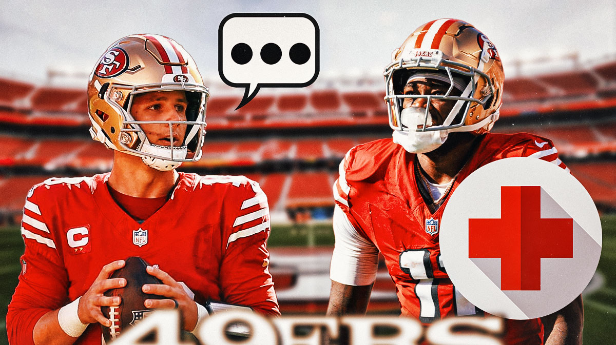 San Francisco 49ers QB Brock Purdy with a speech bubble that has the three dots emoji inside. He is next to 49er WR Brandon Aiyuk with an injury symbol. There is also a logo for the San Francisco 49ers.