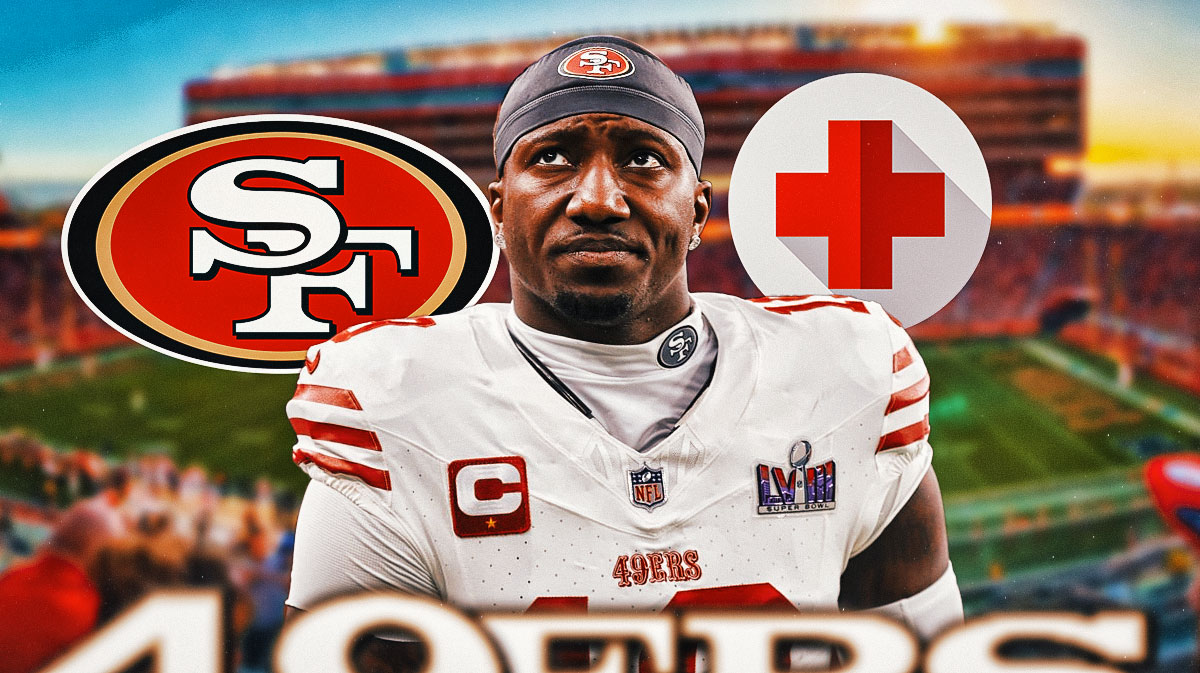 San Francisco 49ers WR Deebo Samuel with an injury symbol. There is also a logo for the San Francisco 49ers.