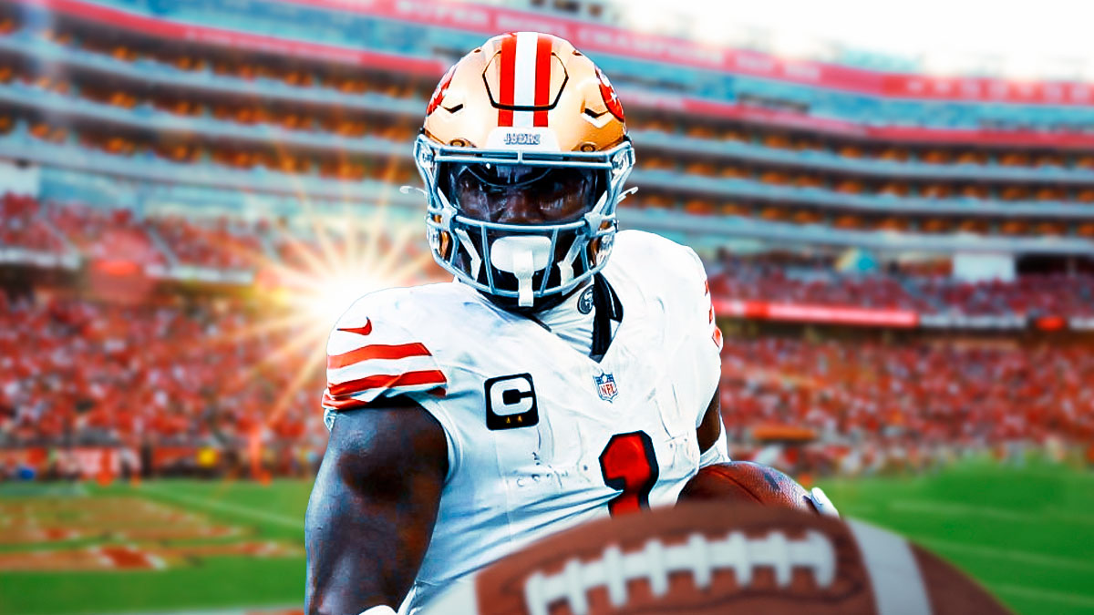 San Fransisco 49ers Deebo Samuel, who suffered an injury in their last game affecting his fantasy football team managers, with Levi's Stadium background.