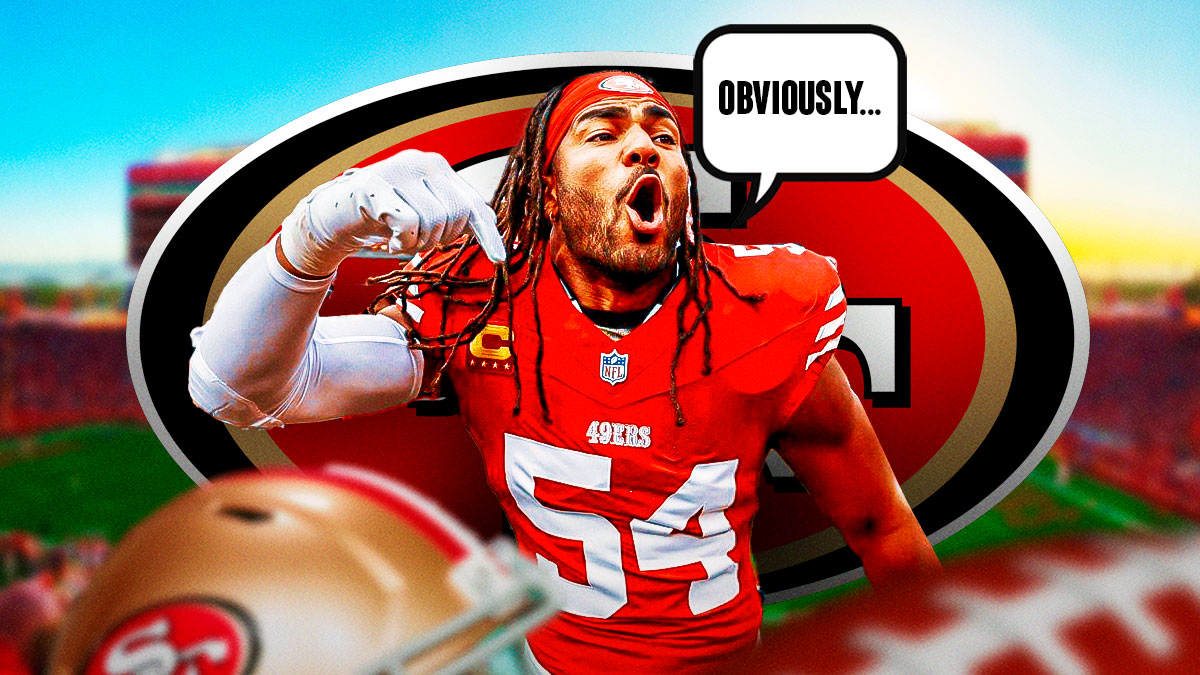 San Francisco 49ers linebacker Fred Warner with a speech bubble that says "Obviously...". There is also a logo for the San Francisco 49ers.