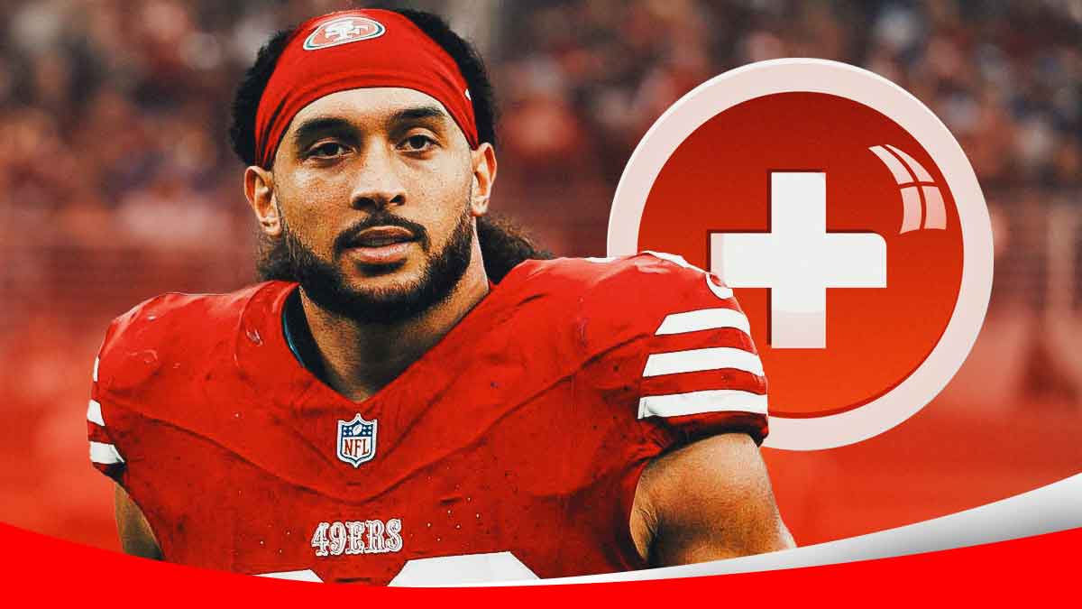 A silhouette of Talanoa Hufanga in a San Francisco 49ers uniform and a red and white first aid symbol as Hufanga will miss time with an injury, one of many 49ers injuries following the game against the cardinals.