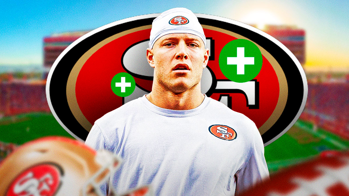 San Francisco 49ers RB Christian McCaffrey with a green injury symbol. There is also a logo for the San Francisco 49ers.