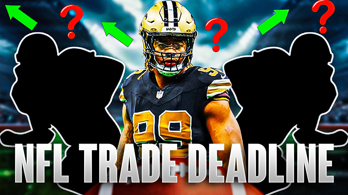 Chase Young and silhouettes of two football players (defense). Arrows pointing every which way and question marks around the graphic. "NFL trade deadline" at the bottom of the graphic.
