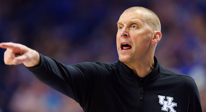 Kentucky Wildcats head coach Mark Pope motions to his players during the first half against the Kentucky Wesleyan Panthers at Rupp Arena at Central Bank Center.