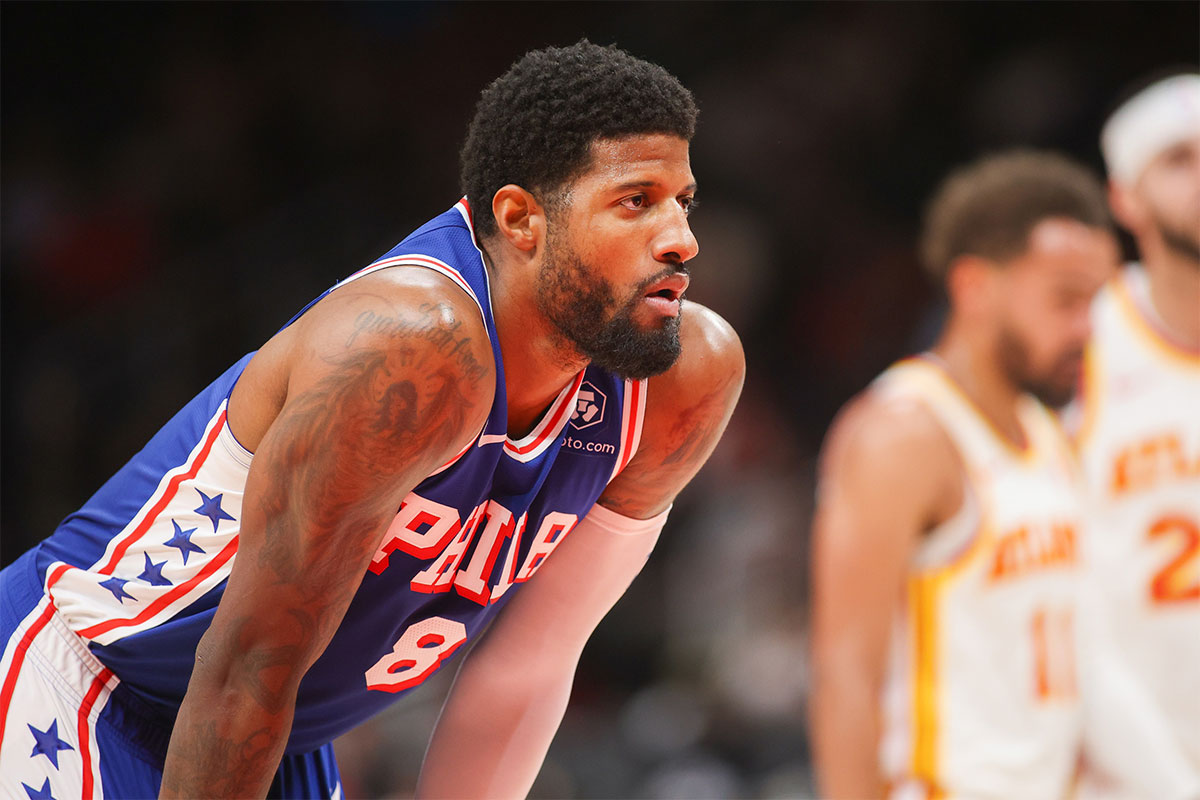 76ers forward Paul George (8) in action against the Atlanta Hawks in the second quarter at State Farm Arena