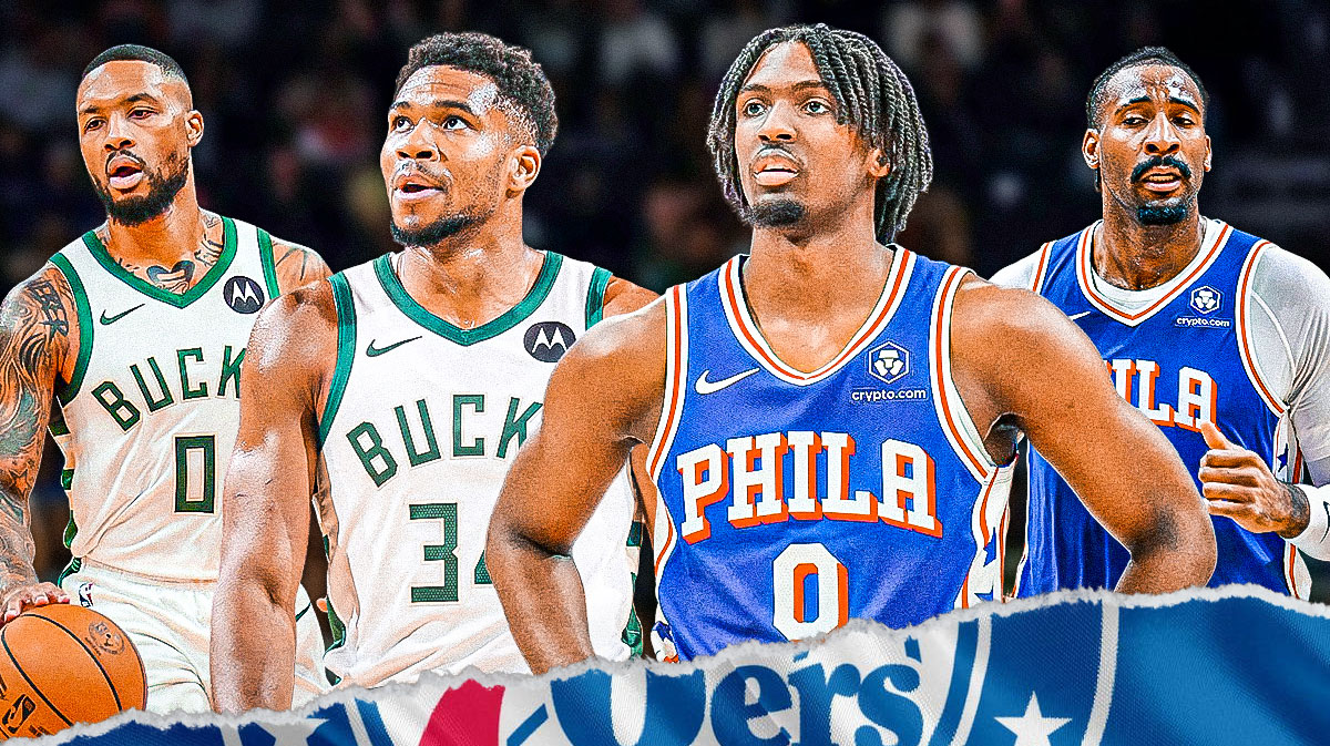 Bucks' Damian Lillard and Giannis Antetokounmpo and 76ers' Tyrese Maxey and Andre Drummond